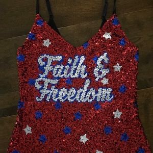 No Boundaries size M(7-9) sequined, red, white, blue, “Faith & Freedom”tank top.